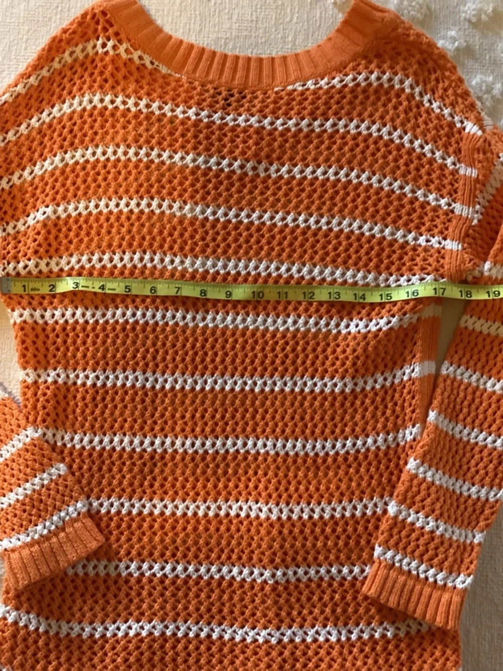 Talbots Women Orange/White Stripe Open Weave Chunky Knit V-Neck Sweater LP E1